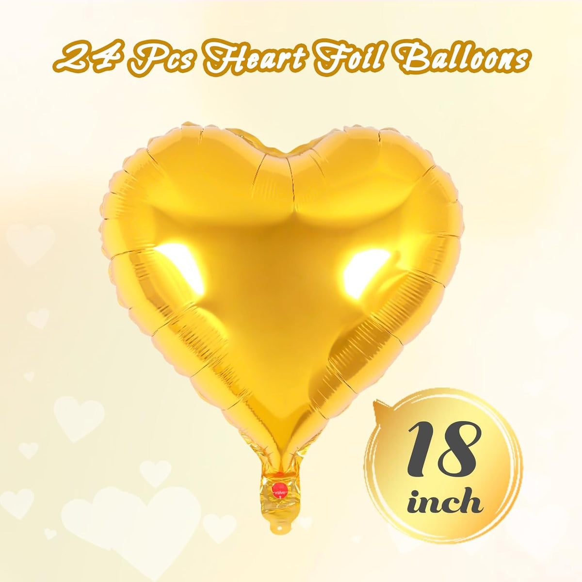 24 Pcs Gold Heart Foil Balloons, 18 Inch Love Hearts for Birthday, Wedding, Engagement, Baby