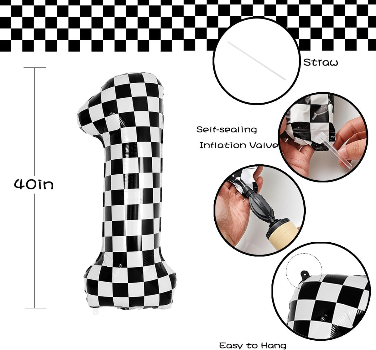 40 Inch Checkered Number Balloon - Race Flag Pattern Big Helium Balloon for Birthday Party