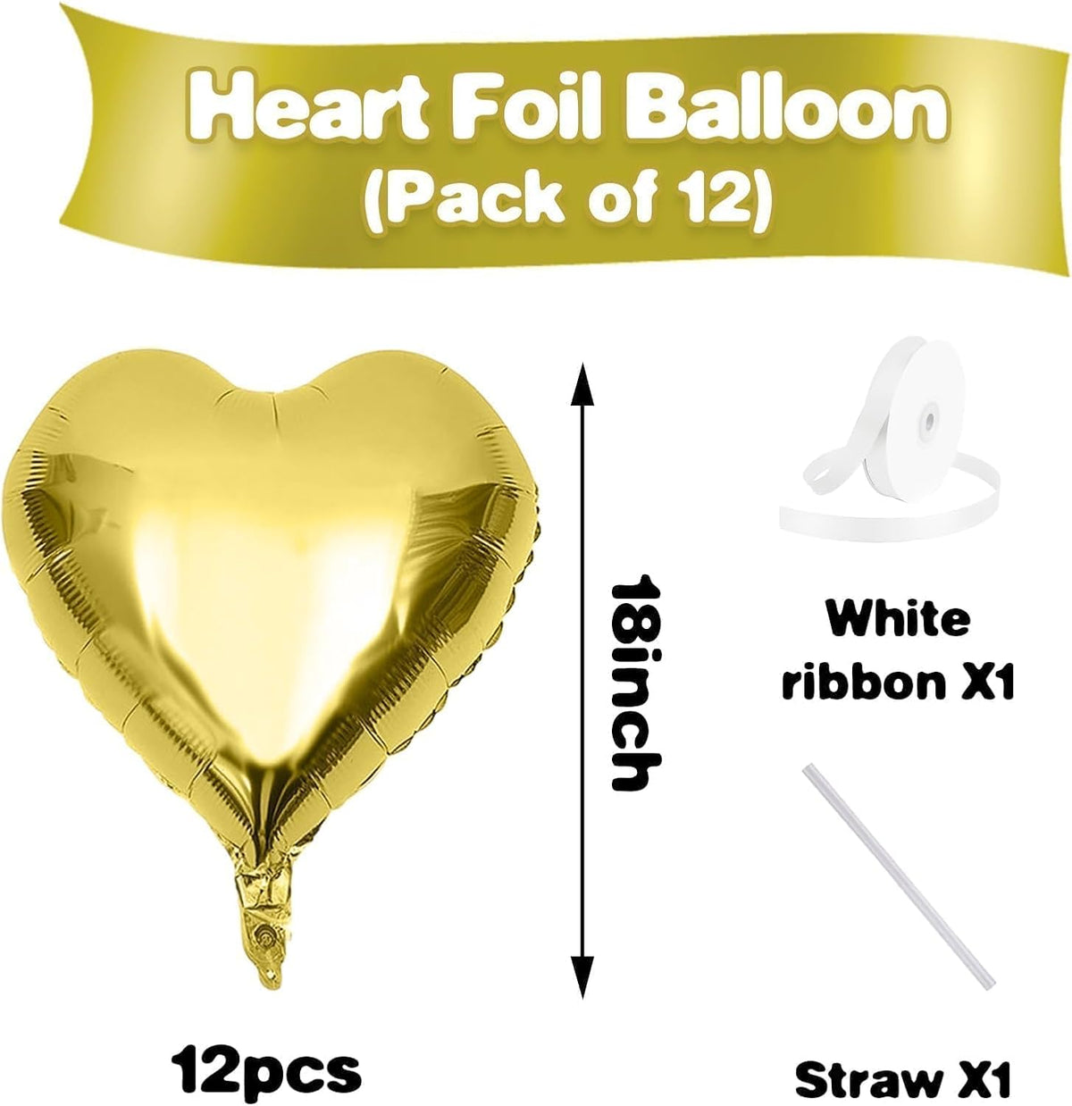 Gold Heart Balloons,12Pcs 18 Inch Metallic Gold Foil Love Heart Shaped Balloons for Birthday Party