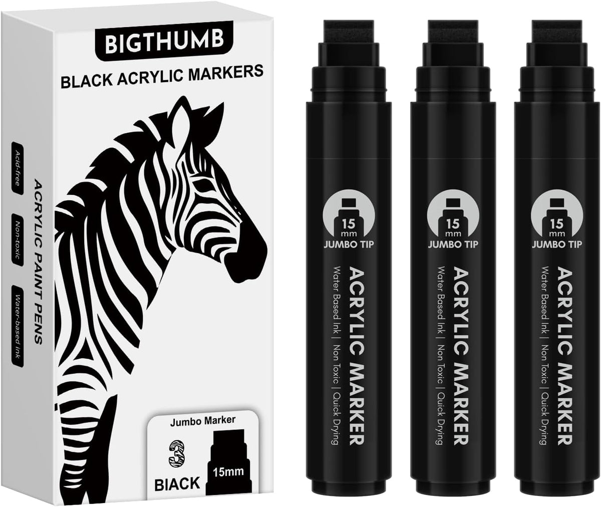 3 Pcs Black Jumbo Permanent Markers: 15mm Wide Tip Thick Acrylic Paint Pen Large Calligraphy Marker