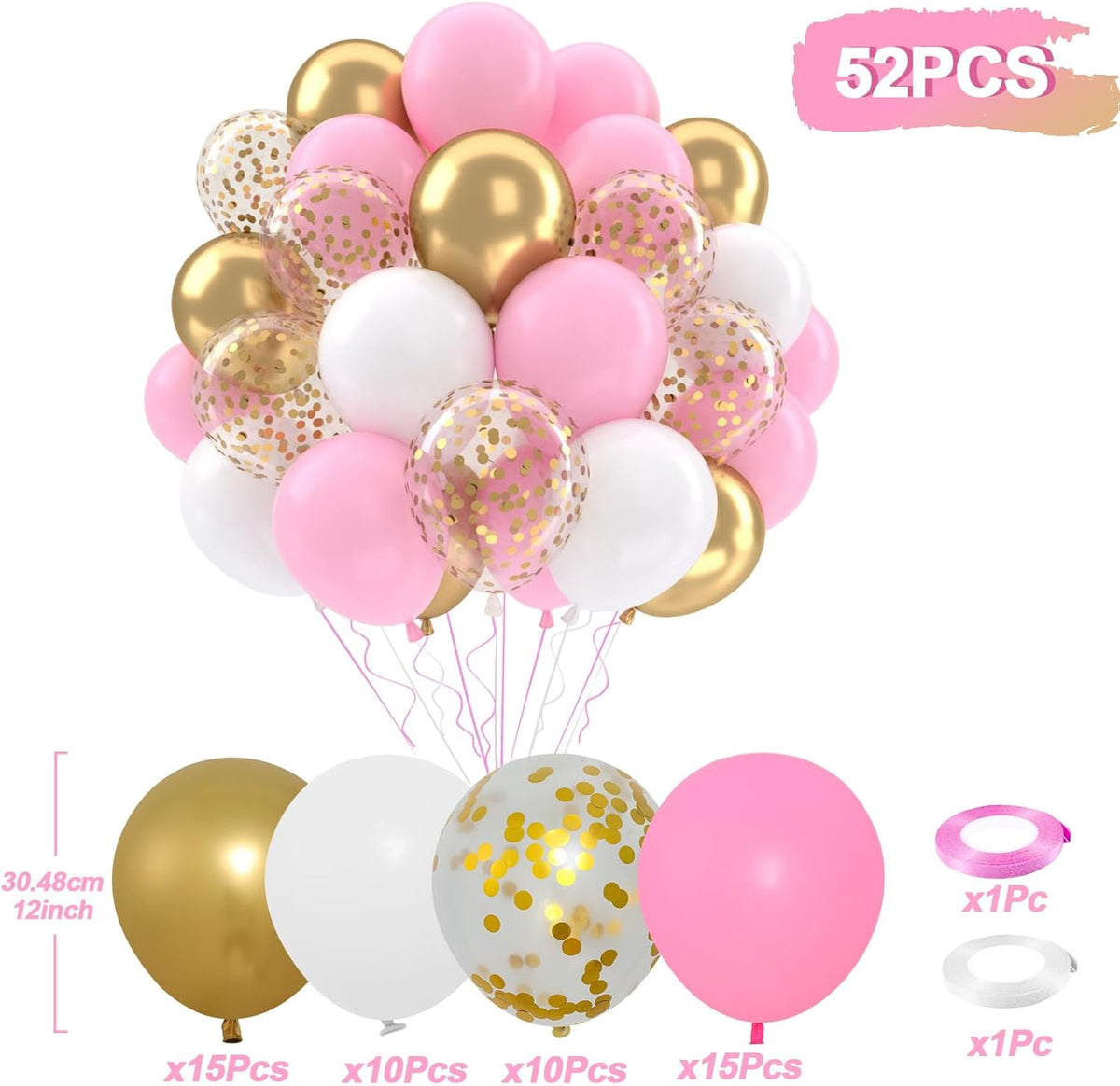 Patimate Pink Gold Confetti Balloons Set, 50 pcs 12 inch Metallic Gold Pastel Pink White Confetti