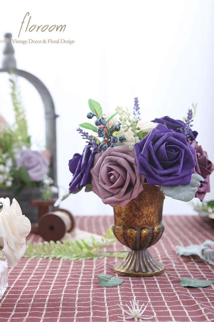 Floroom Artificial Flowers 50pcs Real Looking Dark Purple Foam Fake Roses with Stems for DIY