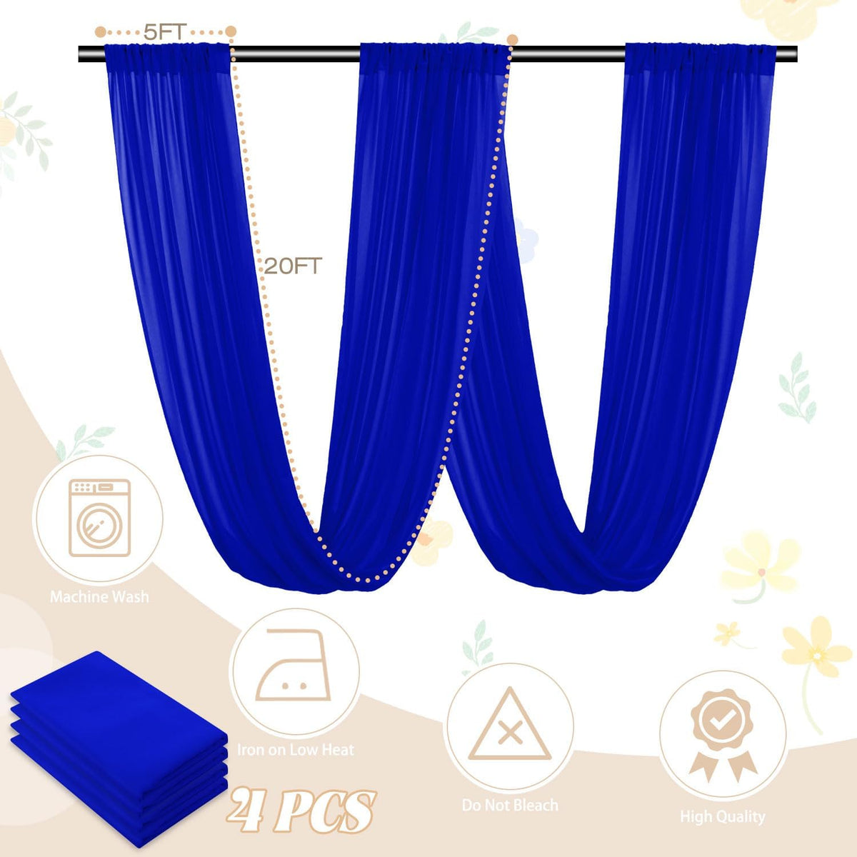 FUHSY Royal Blue Ceiling Drapes for Wedding Arch Draping Fabric Chiffon Wedding Drapery 4 Panels