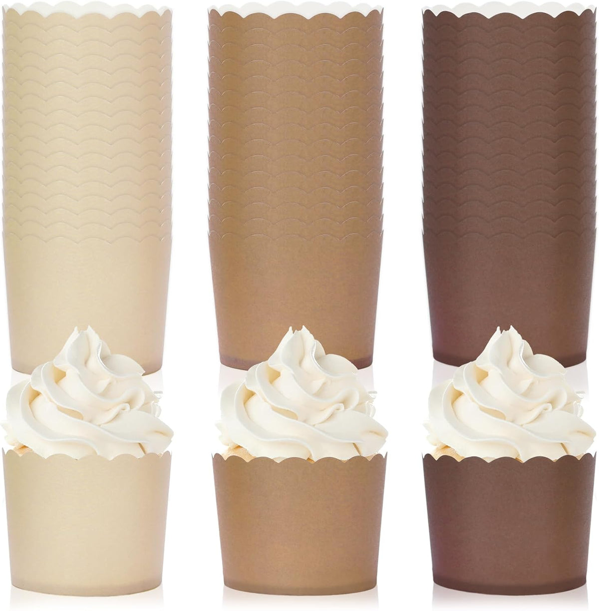 Whaline 120Pcs Brown Paper Baking Cups Scalloped Edge Cupcake Wrappers Gradient Brown Cupcake
