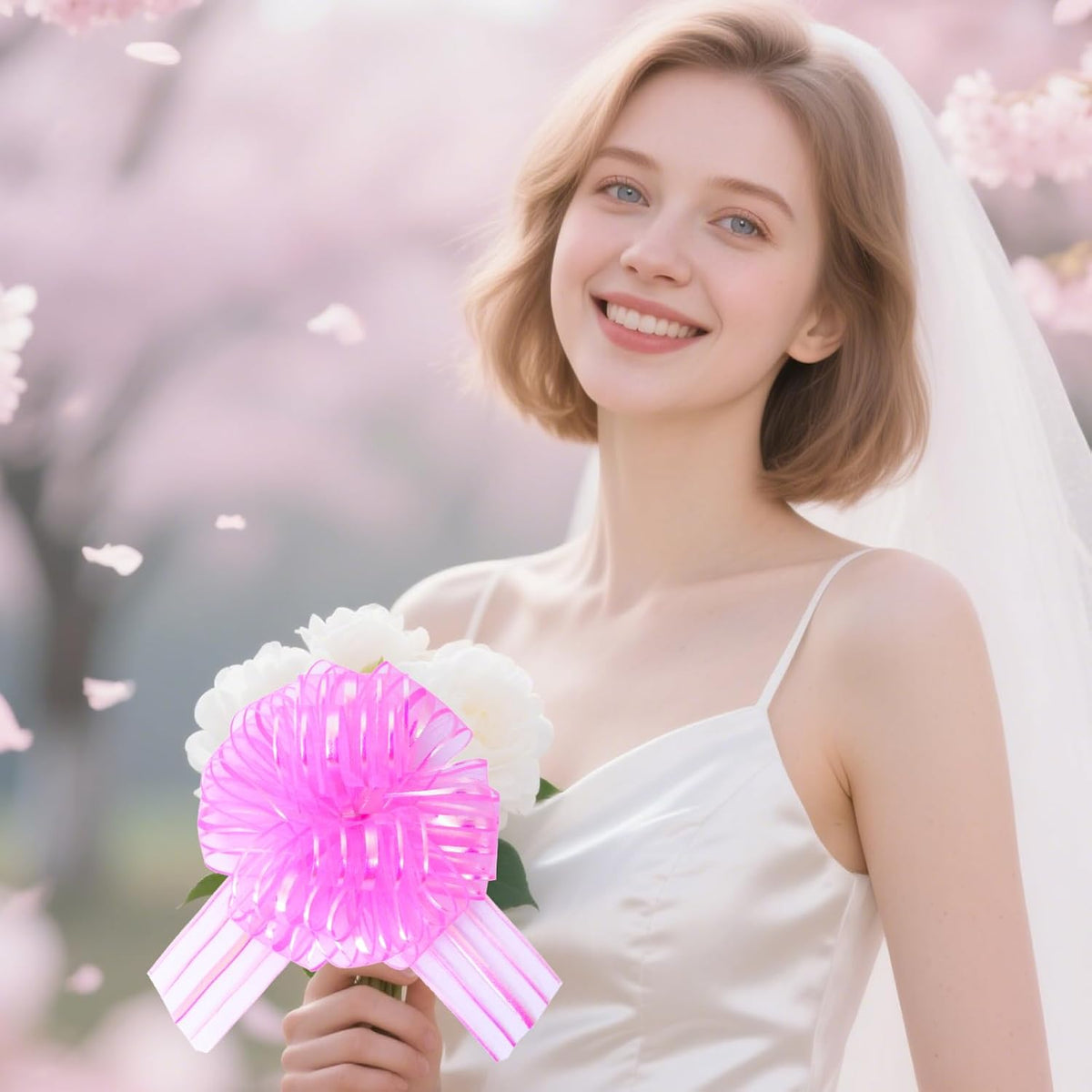 6 Pcs 6 Inch Pink Organza Pull Bow – Perfect for Wedding Decoration, Gift Wrapping Baskets, Car