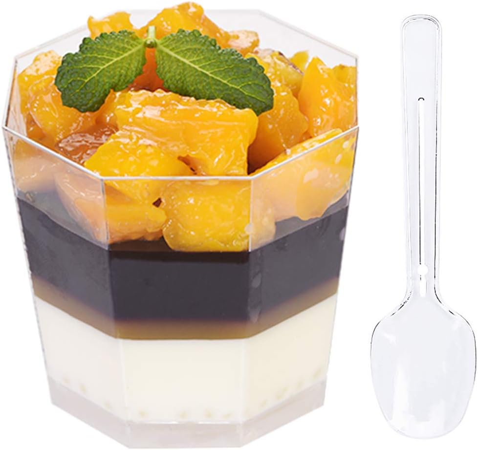 Foraineam 100 Pack 5.4 oz. Clear Plastic Dessert Cups with 100 Spoons Disposable Reusable Appetizer