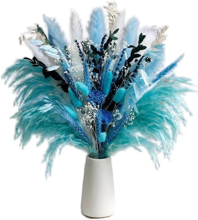 Blue Dried Flowers Bouquet with Pampas Grass - Boho Home Decor and DIY Floral Arrangements for