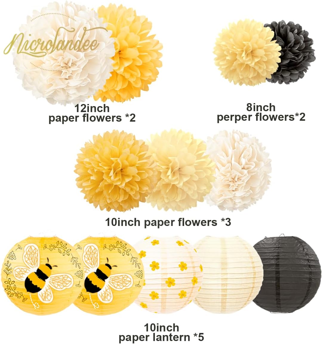 NICROLANDEE Bee Party Decorations, 12PCS Yellow Hanging Paper Lanterns Tissue Pom Poms Decor for