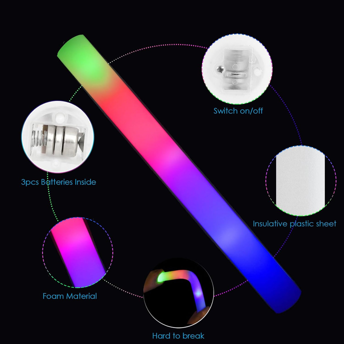 EXCECAR 208PCS Foam Glow Sticks Bulk Party Pack, Foam Light Up Sticks, Light Up Foam Sticks, 3 Mode
