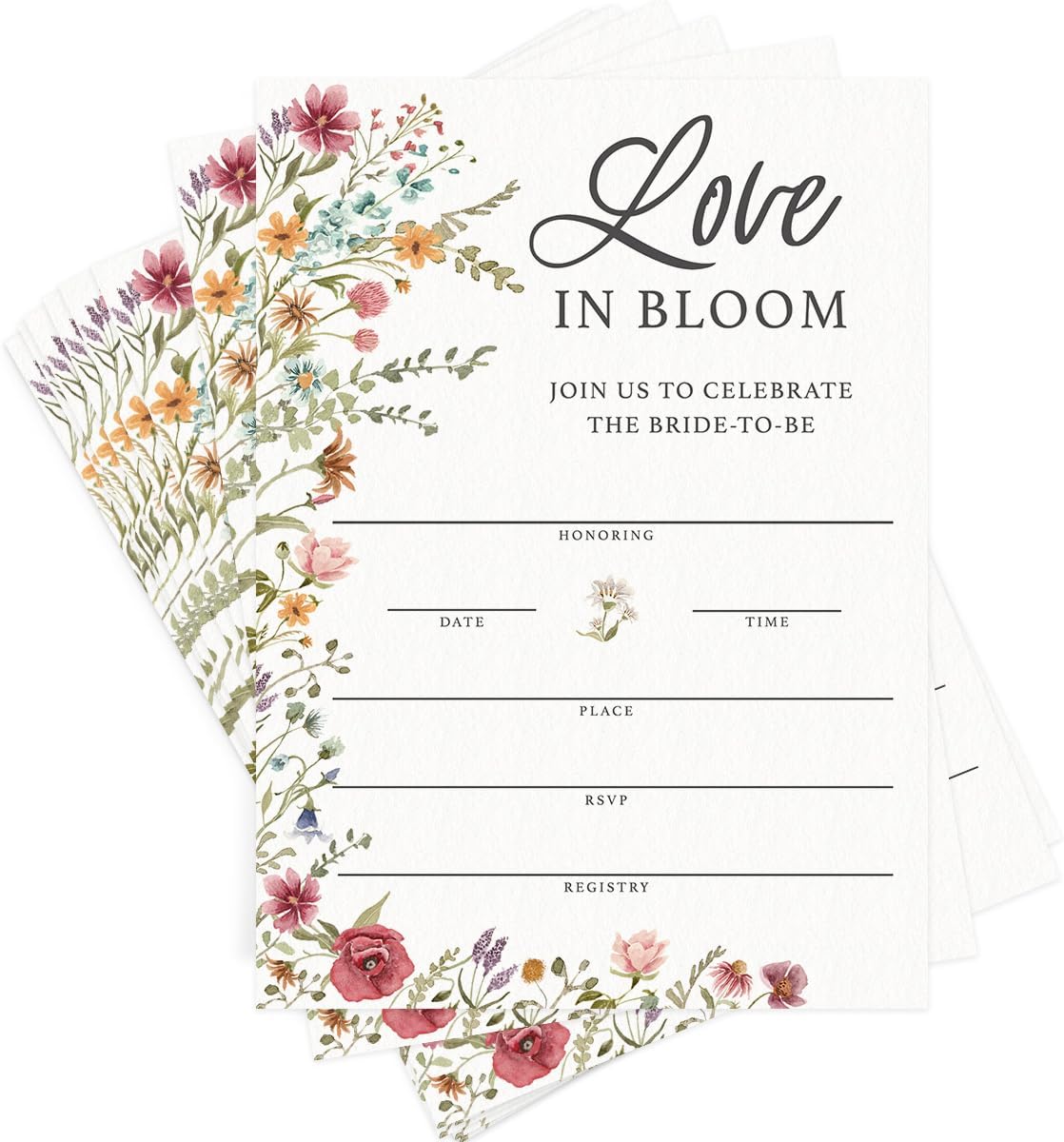 Printed Party Bridal Shower Invitations and Envelopes, Wildflower Theme, Love In Bloom Design, Set
