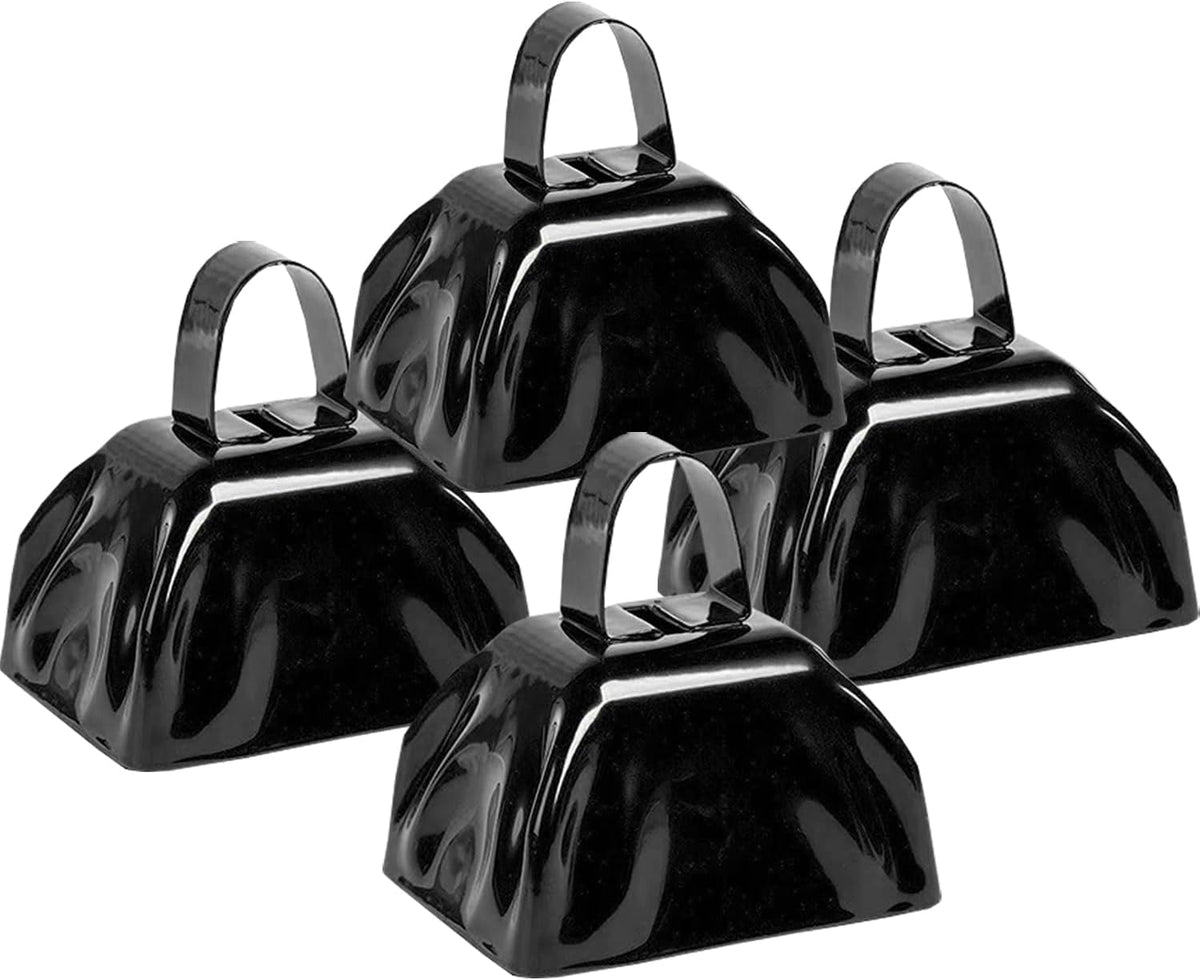 Metal Cow Bell Noise Maker - 3 Inch Pack of 4 - Small Loud Metal Cowbell Noisemaker with Handle