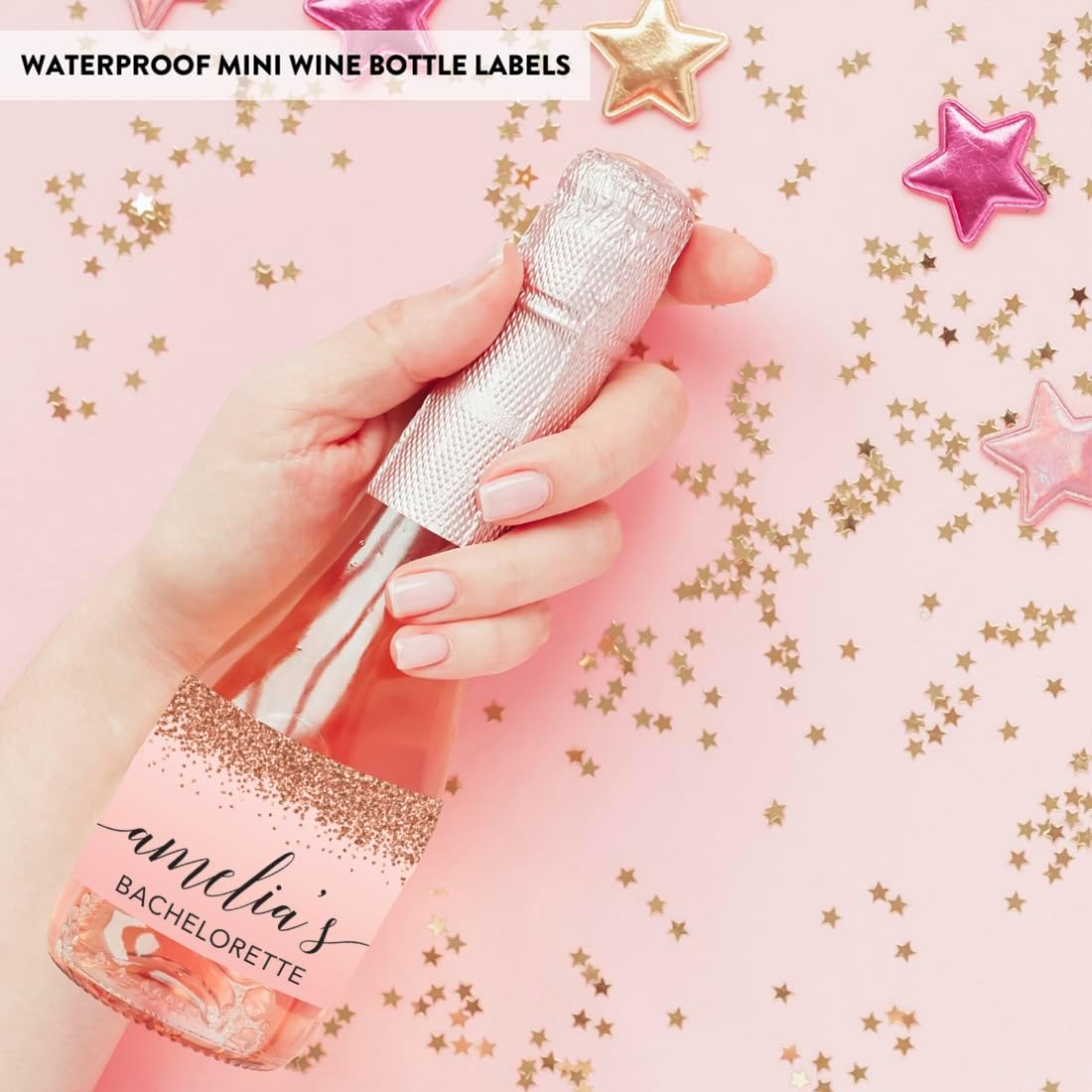 Andaz Press Personalized Bachelorette Mini Wine Labels, Blush Pink Faux Rose Gold Glitter Elegant