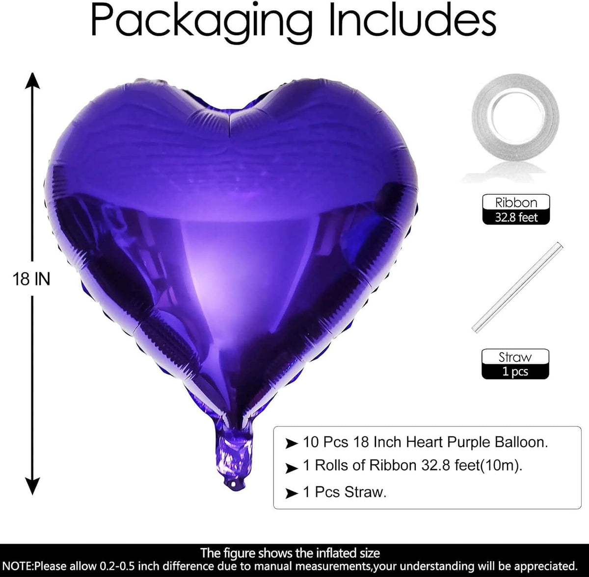 10Pcs Purple Foil Heart Shaped Balloons 18 Inch Mylar for Baby Shower, Wedding, Valentine