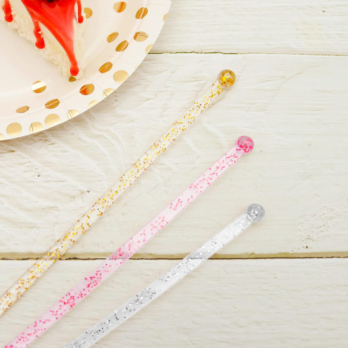 100-PCS Gold Pink Silver Glitter Plastic Swizzle Sticks, Crystal Cake Pops, Cocktail Coffee Drink