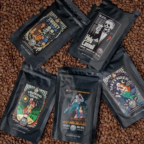 Bones Coffee Company Favorite Flavors Sample Pack Box Set with Specialty Coffee Mug, 5 Assorted