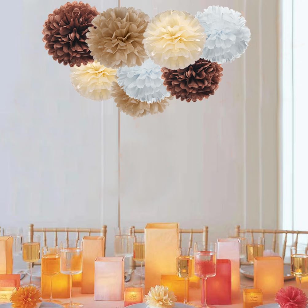 Brown Champagne Tan Ivory and White Tissue Paper Pom Poms Flower for Neutral Baby Shower Birthday
