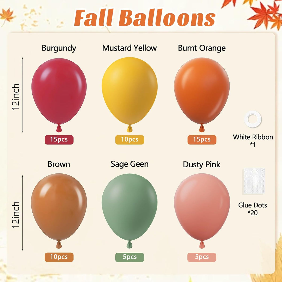 60pcs Fall Balloons, Thanksgiving Balloons 12inch with Burgundy Brown Sage Green Burnt Orange