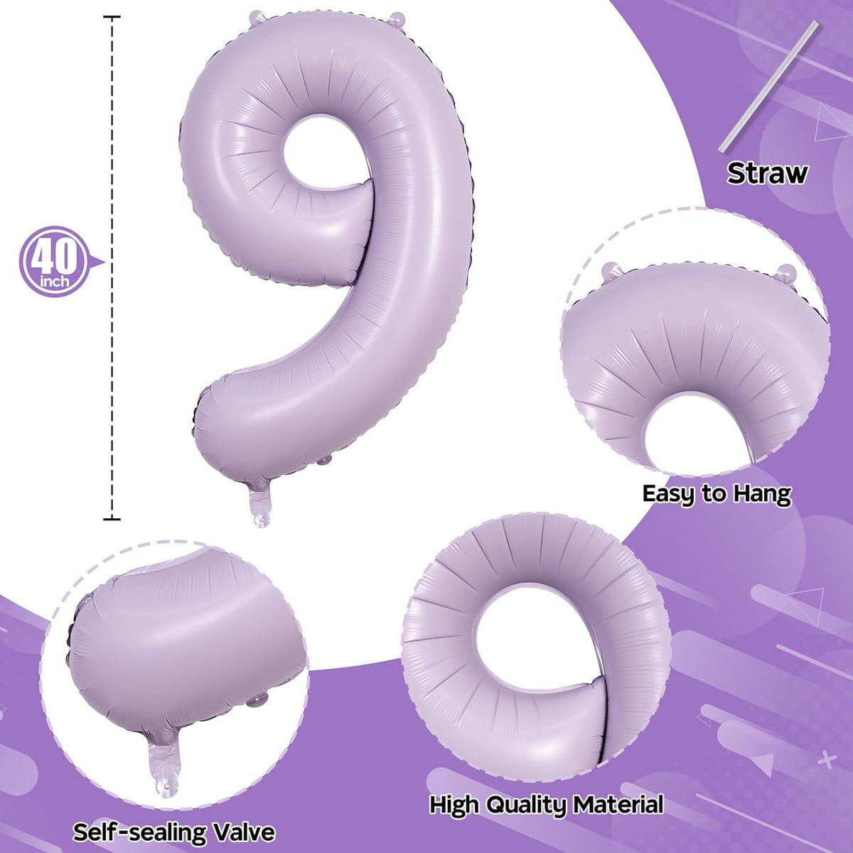 Dusty Pastel Purple Number 9 Balloons, 40 Inch Large Light Purple Foil Number Balloons Set 0-9 for