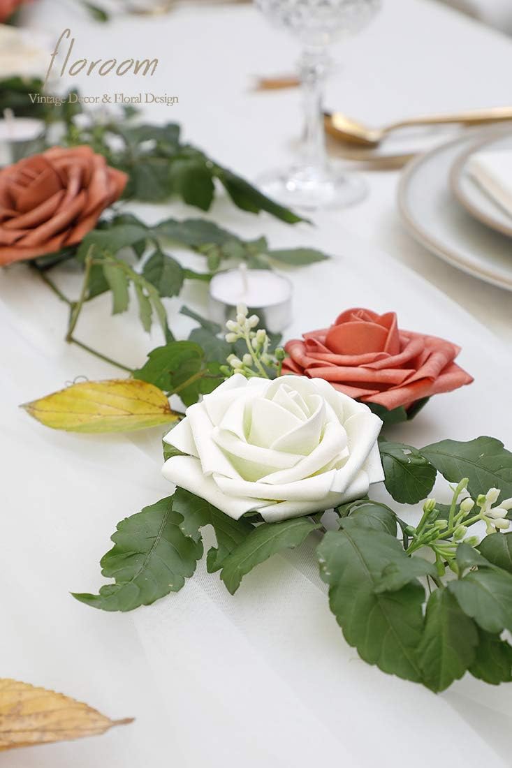 Floroom Artificial Flowers 50pcs Real Looking Ivory Foam Fake Roses with Stems for DIY Wedding