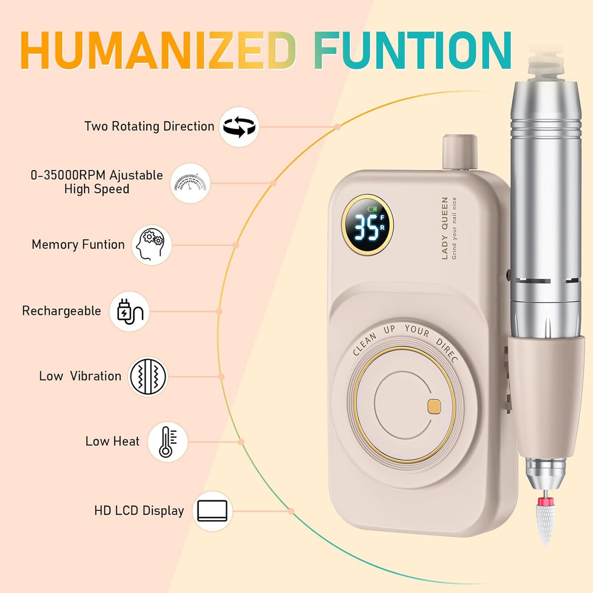 Portable Nail Drill Electric File: 35000RPM Professional Rechargeable Nail E File Machine,for