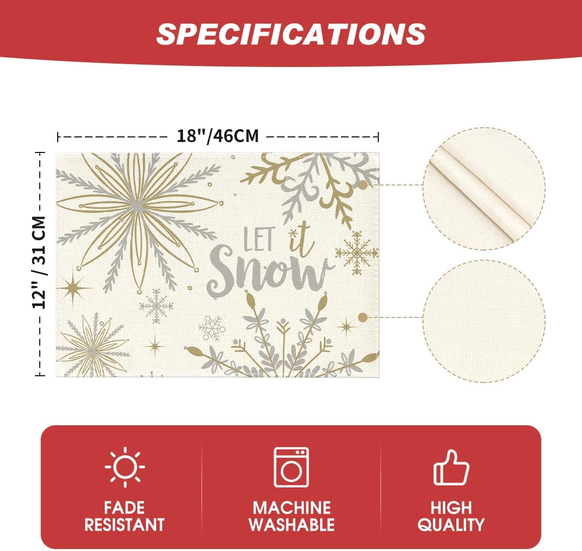 Artoid Mode Beige Snowflake Let It Snow Winter Placemats Set of 4, 12x18 Inch Seasonal Christmas