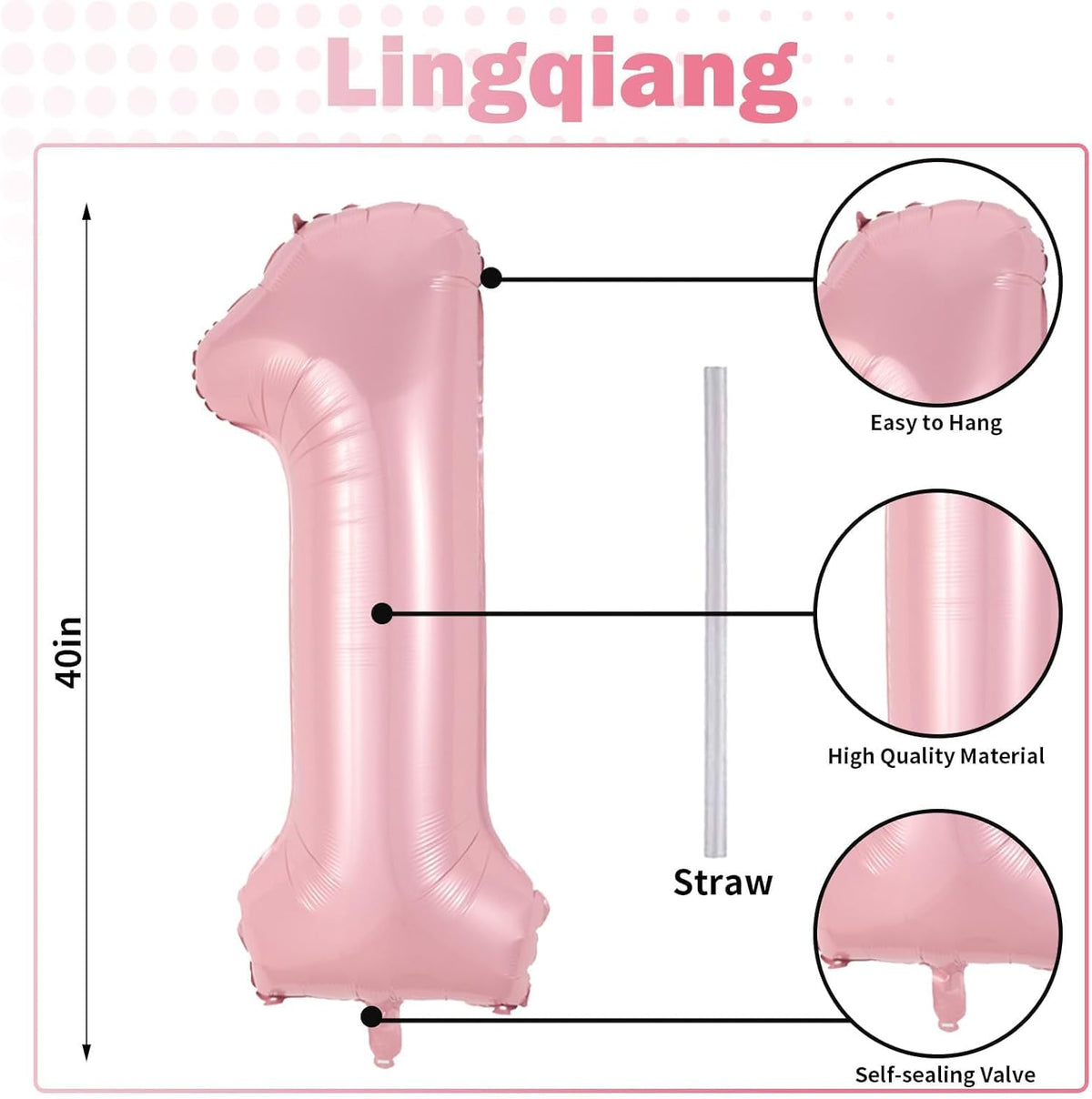 Pastel Pink 1 Balloons, 40 Inch Giant Light Pink Helium Foil Number 0-9 for Girls, Self Inflating