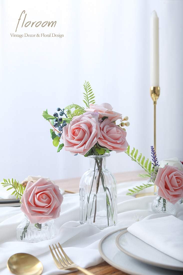 Floroom Artificial Flowers 25pcs Realistic Peach Pink Foam Fake Roses with Stems for DIY Wedding