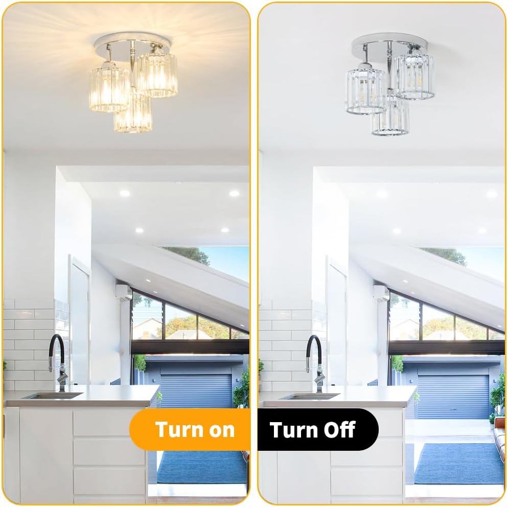 Crystal Ceiling Light Fixture, Chrome Semi Flush Mount Ceiling Light Fixture, 3-Light Hallway