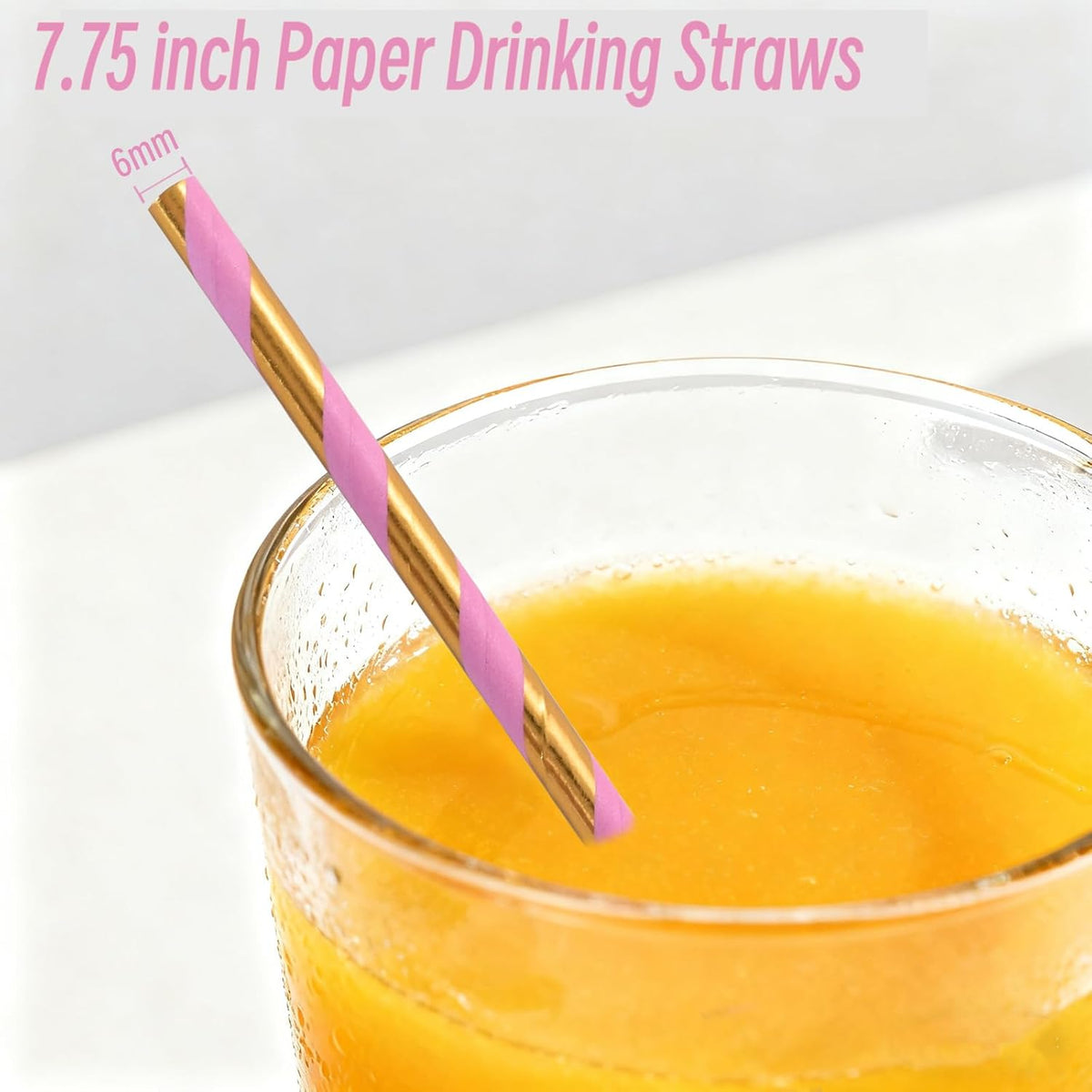 Paper Straws for drinking - Pink Gold Striped Biodegradable Disposable Paper Straws, 7.75 Inch, 100