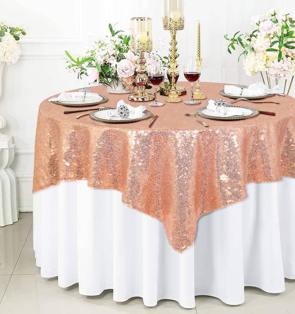 ShinyBeauty Small Tablecloth Square 36x36-Inch Rose Gold Sequin Tablecloths Glitter Table Cover