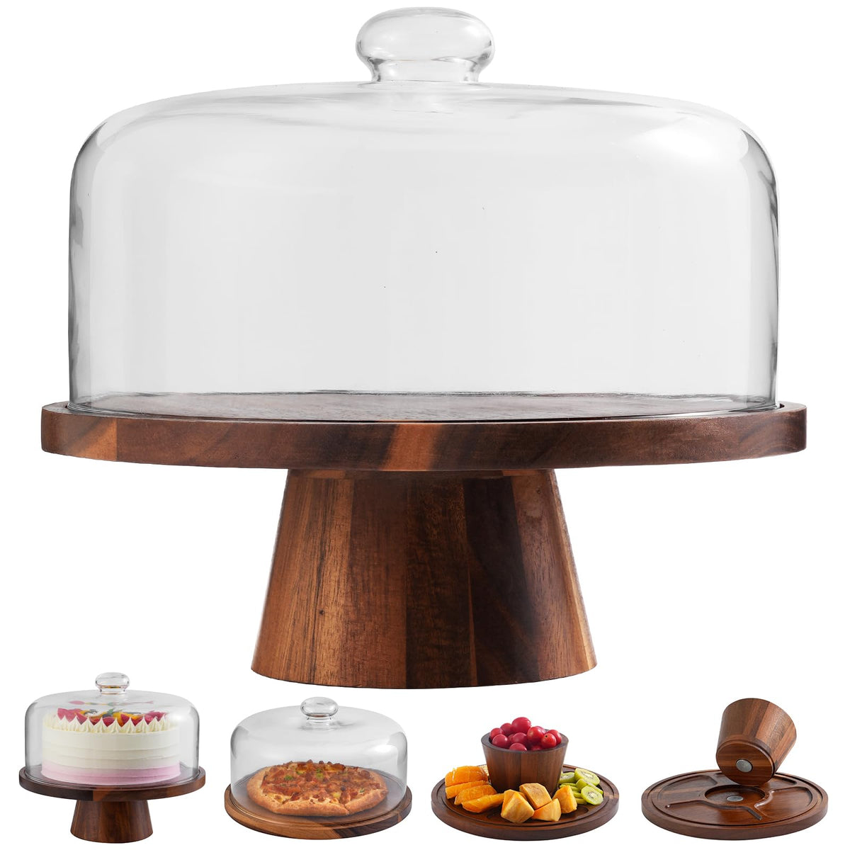 Acacia Wood Cake Stand with Glass Lid–12" Magnetic Base for Parties&Kitchen