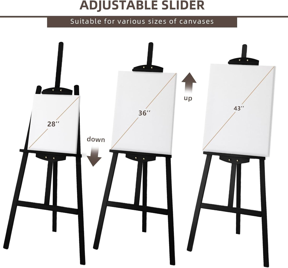Adjustable Black Wooden Painting Easel, Pine Art Easel Stand Hold up to 43'', Painting Canvas for