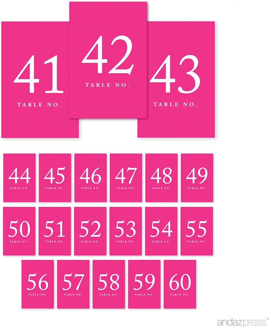 Andaz Press Fuchsia Wedding Table Numbers 41-60, 4x6-Inches Table Number Cards For Wedding