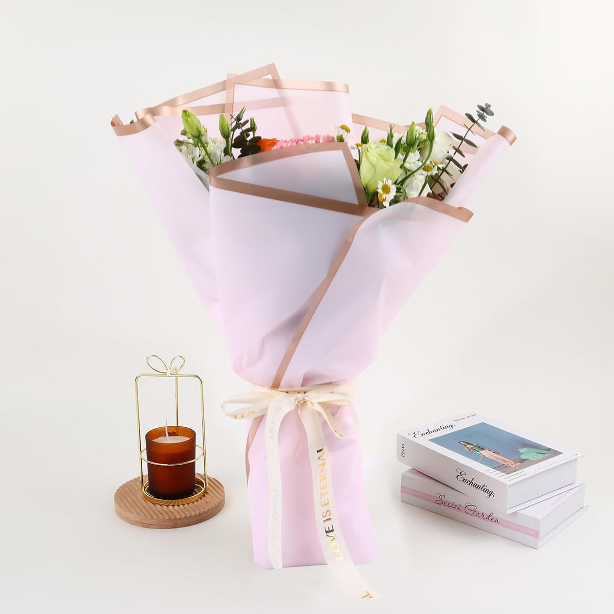NESCCI 20 Sheets Pastel Pink Floral Bouquet Wrapping Paper - Waterproof, 22.8x22.8 inches, Perfect