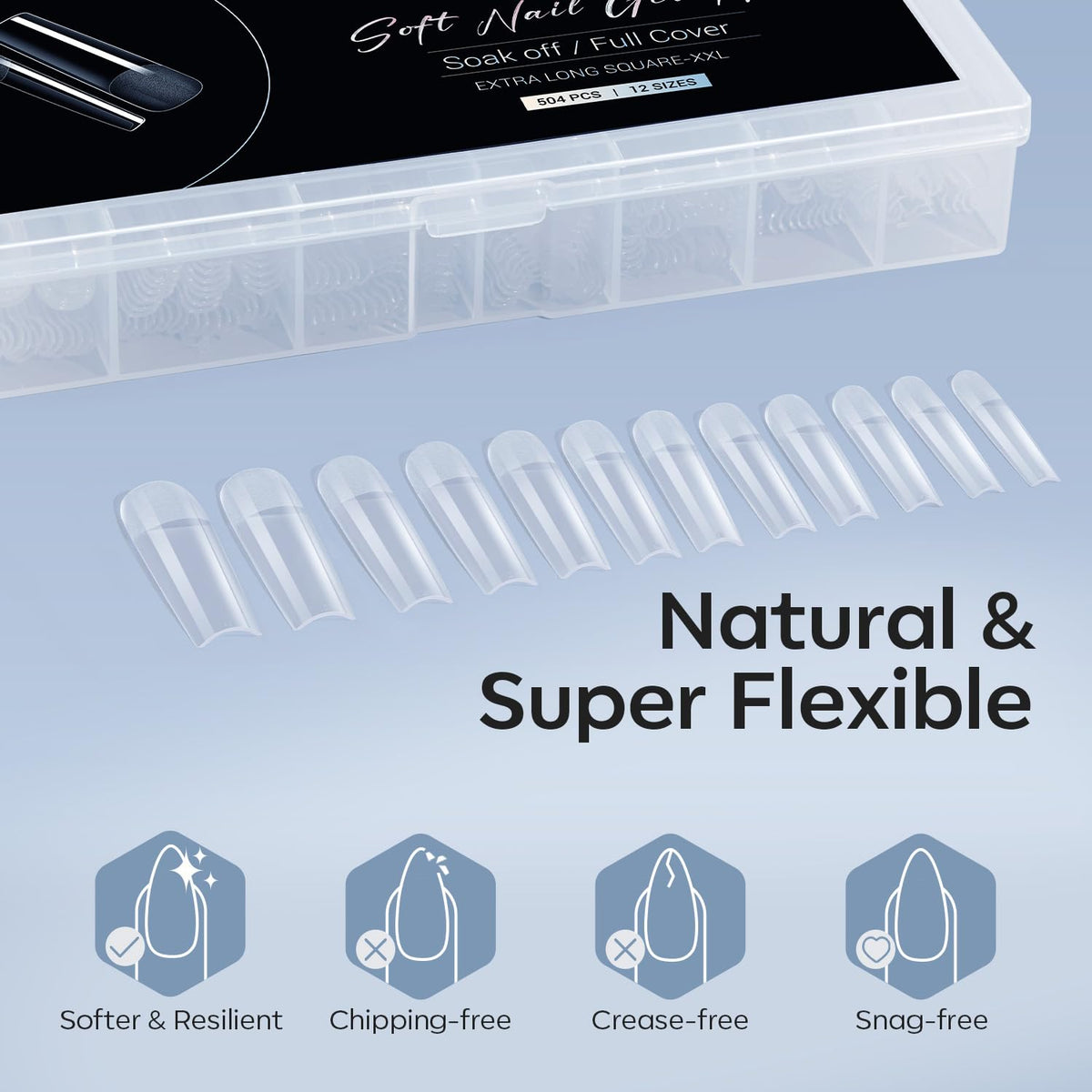 Modelones Long Square XXL Fake Nail Tips - 504Pcs Gel Tips Pre-shaped Half Matte Full Cover Clear