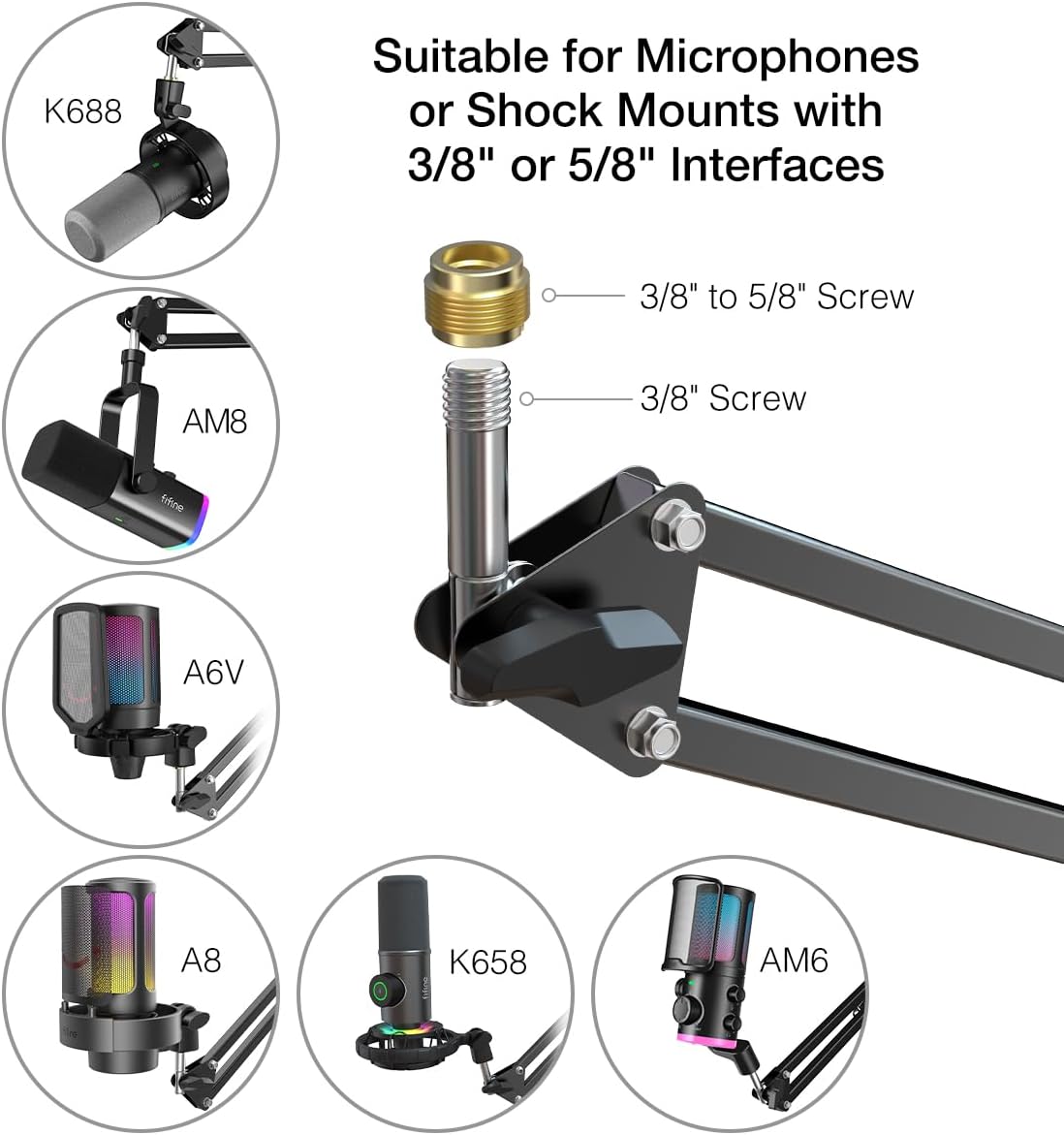 Microphone Arm Stand, FIFINE Suspension Boom Scissor Mic Stand with Heavy Duty Clamp, 3/8" to 5/8"