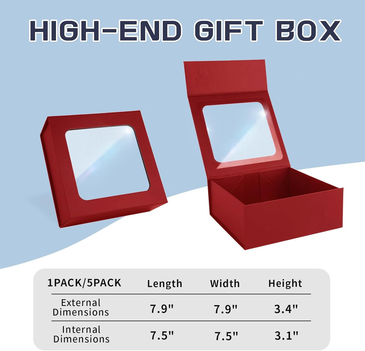 Red Gift Boxes with Window,7.5"x7.5"x3.1" Bridesmaid Boxe for Gift Giving,Birthday Gift Box with