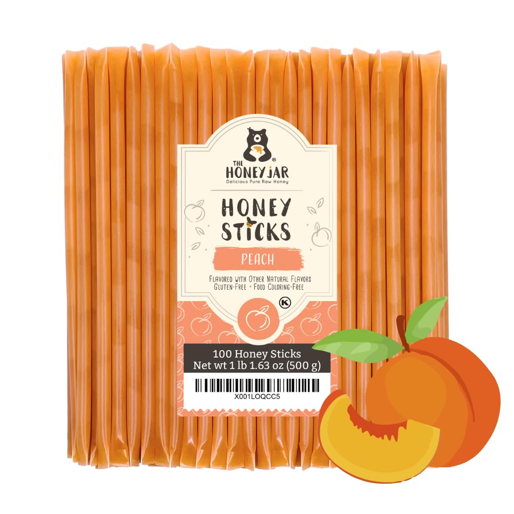 The Honey Jar Peach Flavored Honey Sticks - Pure Honey Straws For Tea, Coffee, or a Healthy Treat