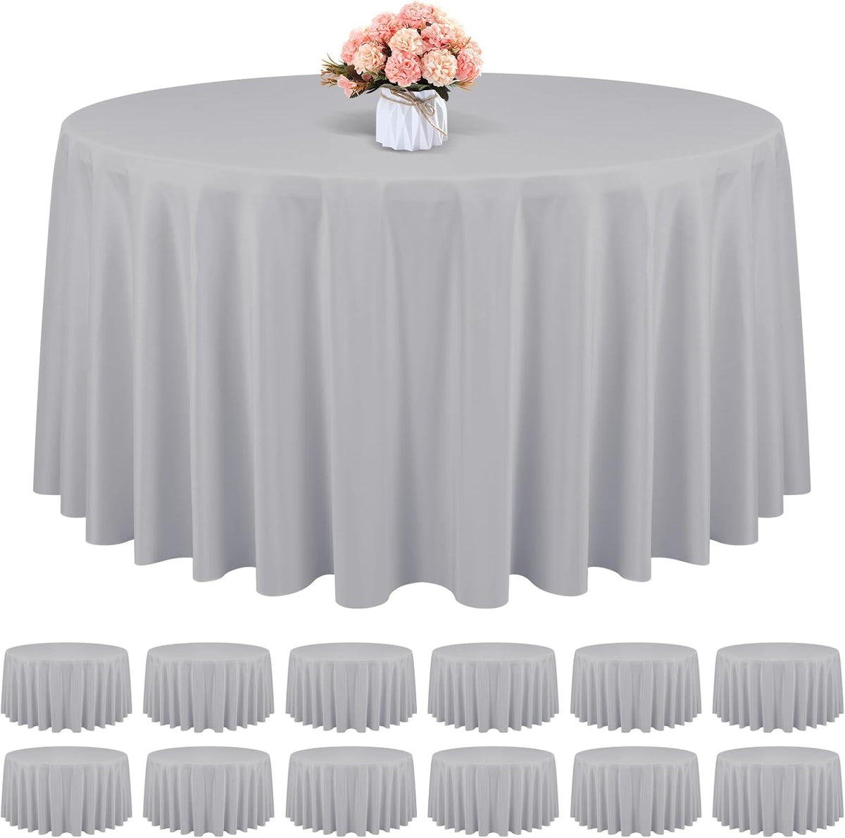 12 Pack Round Tablecloth 90 Inch - Light Grey Polyester TableCloth for Round Table, Premium Light