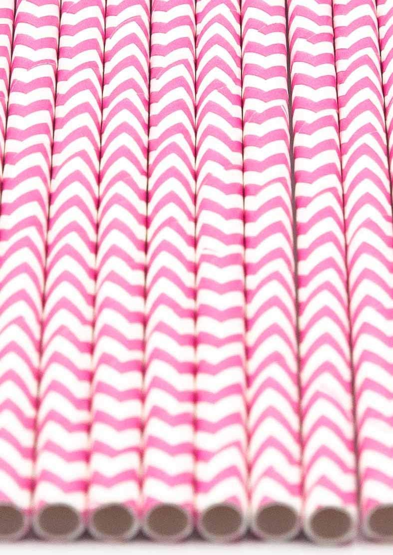 Pack of 300 Baby Pink Chevron Biodegradable 4-Ply Paper Drinking Straws (Compostable, Non-toxic