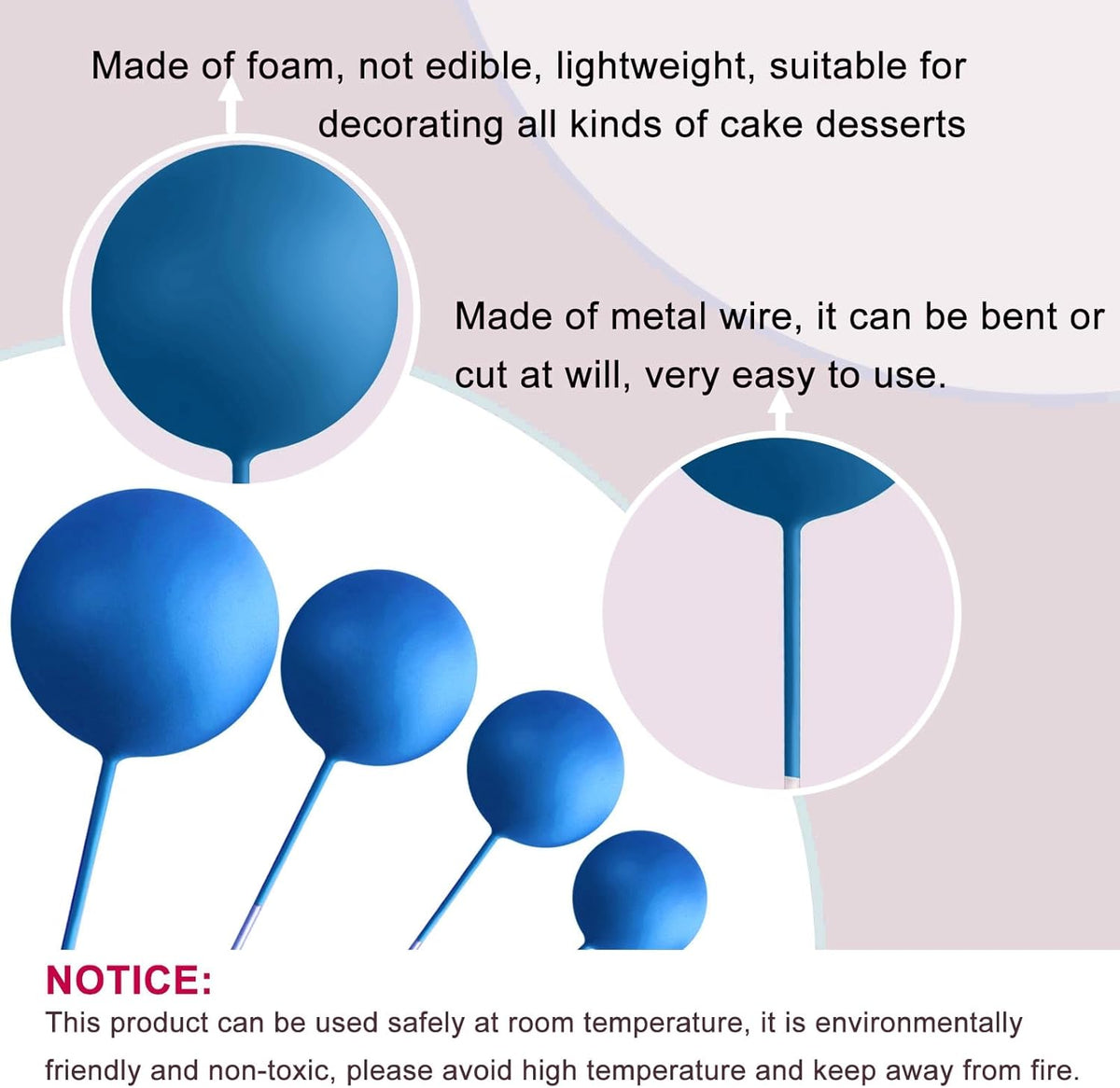 ASTARON 20 Pcs Ball Cake Topper Decorations Mini Balloons Cake Topper Sticks Royal Blue Balls Cake