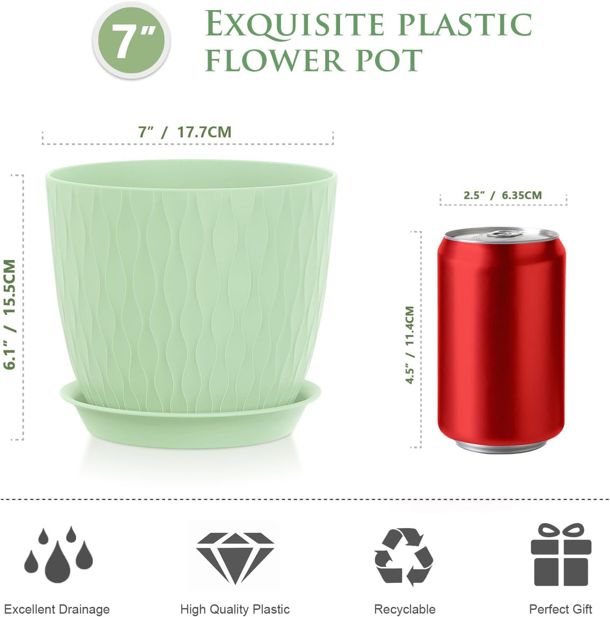 7 inch Flower Pots, 5 Pack Plant Pots with Drainage Holes and Saucers for Indoor Plants, Plastic