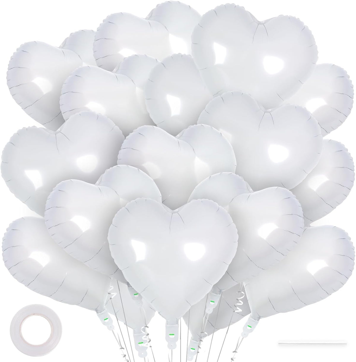 24 White Heart Balloons, 18 inch Heart Shape Foil Balloons for Love, Valentine, Birthday, Wedding