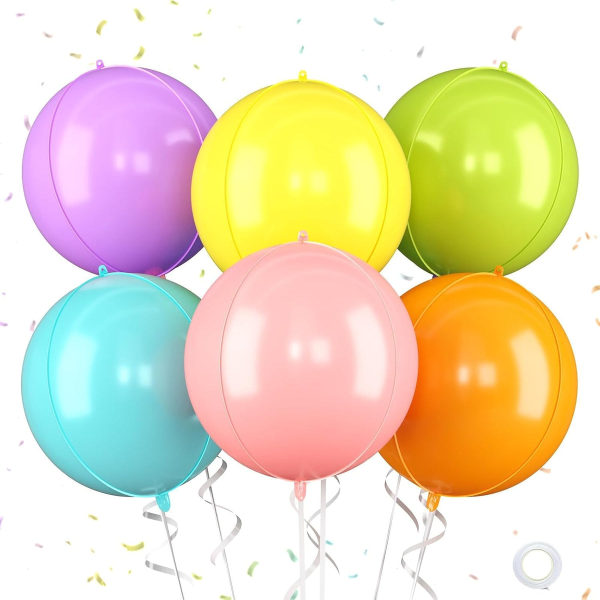 Giant 4D Foil Balloons, 6Pcs Pink Yellow Purple Blue Green Orange Round Balloons, 22 Inch Big Round