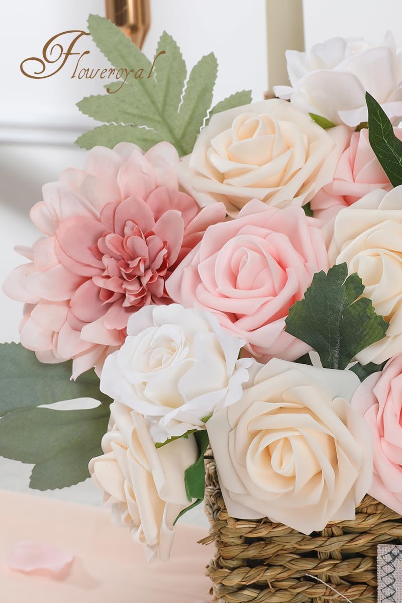 Floweroyal Artificial Pink Flowers Fake Rose Flowers Dahlia with Stems for DIY Wedding Bridal