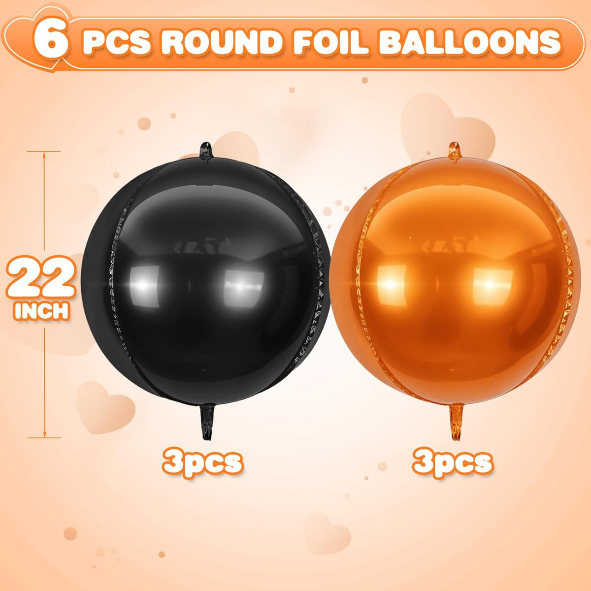 6Pcs Black Orange Round Foil Balloons,Giant 4D Round Ball Balloon,22 Inch Metallic Orange Black
