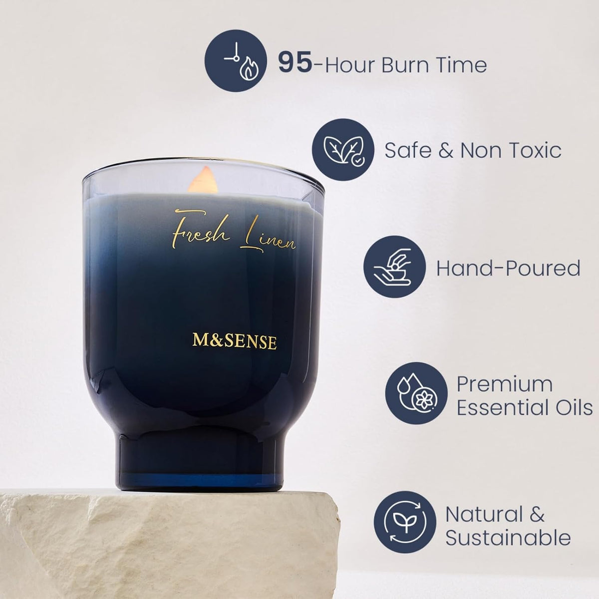 M&SENSE 16.6oz Natural Soy Large Jar Candle with Wooden Wick | Fresh Linen Scent | 95-Hour Burn &