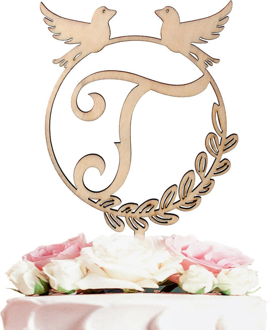 LINGTEER Personalized Inital Letter T Wood Cake Topper Perfect for Birthday Rustic Wedding
