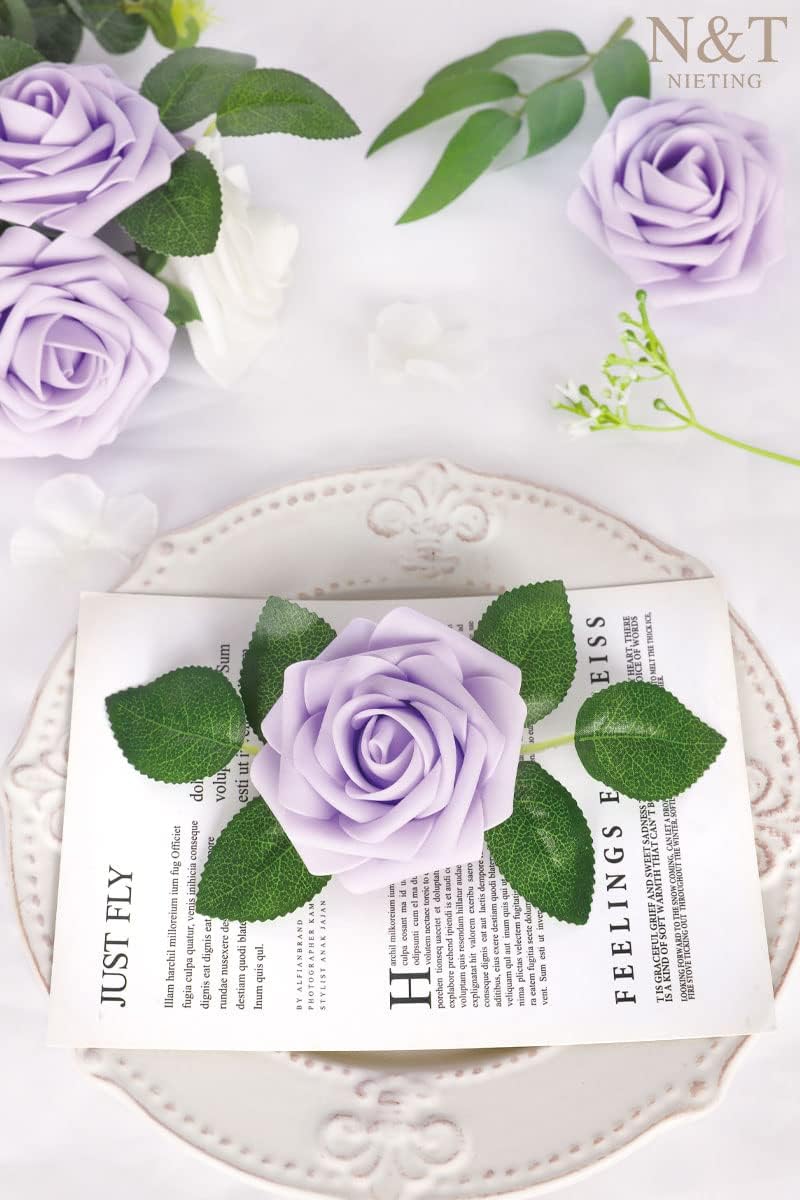 N&T NIETING Artificial Flowers, 50pcs Lavender Fake Rose Flowers with Stem for DIY Wedding Bouquets