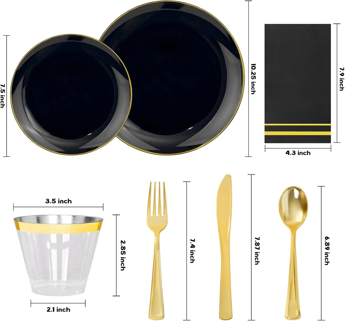 NOCCUR 350PCS Black and Gold Plastic Plates - Black Disposable Dinnerware Set for 50 Guests, 100